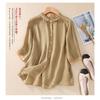 New Lapel Color-blocked Cotton Linen Three-quarter Sleeve Shirt Single-breasted Solid Color Versatile Casual Slimming Top