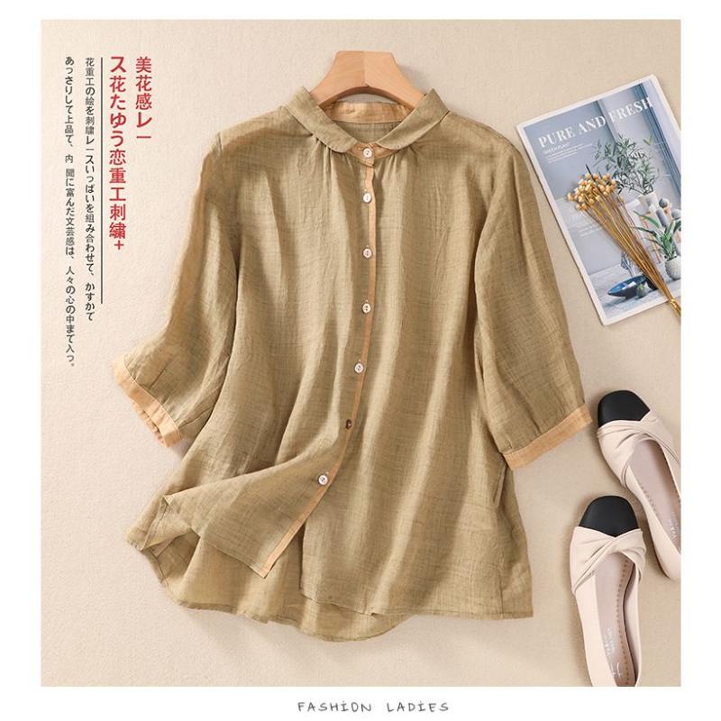 New Lapel Color-blocked Cotton Linen Three-quarter Sleeve Shirt Single-breasted Solid Color Versatile Casual Slimming Top