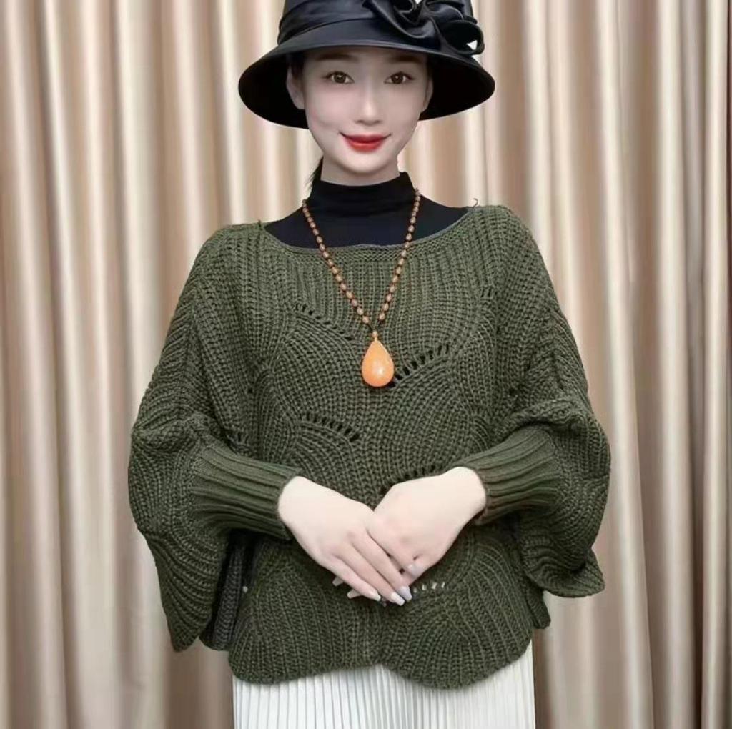 2023 Autumn Women's Loose Long-Sleeve Hollow-Design Pullover Sweater & Versatile Fashion Shawl