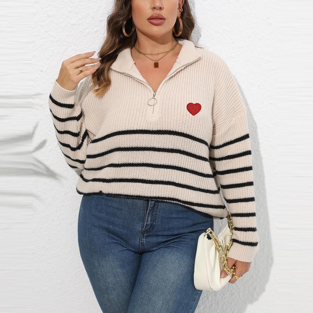 Women's Fashion Large Size Striped Stitching Half-Turtleneck Zipper Heart Knitted Sweater