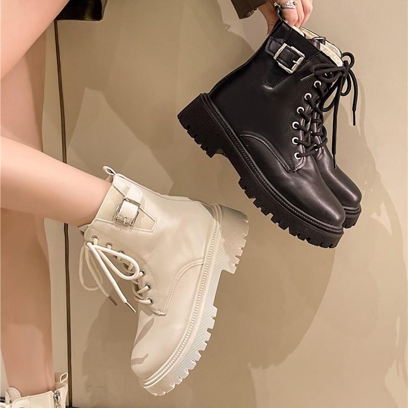 Mid-barrel Cotton Boots Winter New Round Toe Lace-up Front Side Zip Platform Non-slip Wear-resistant Block Heel Shoes