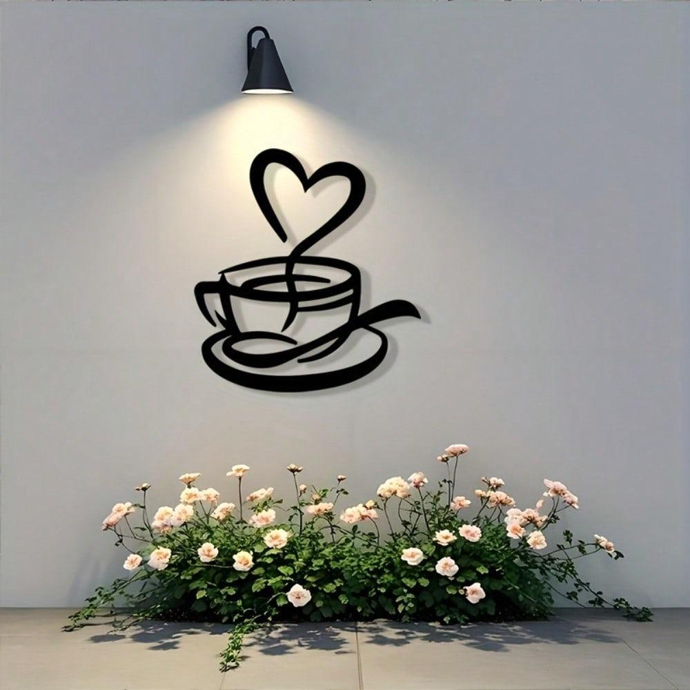 Heart Metal Wall Art Minimalist Coffee Cup Decor 2D Black Ironwork Kitchen Cafe Gift For Coffee Lovers