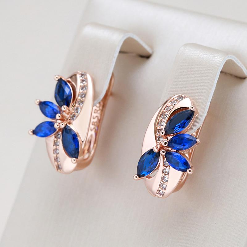 New Blue Natural Zircon Flower Drop Earring For Women  Rose Gold Vintage Ethnic Bride Wedding Jewelry Party Accessories