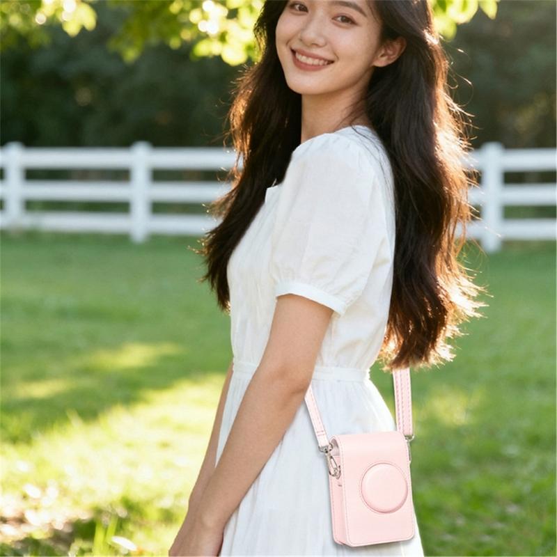 Étui d'appareil photo bandoulière étanche antichoc en cuir PU rose pour Mini EVO Sac de rangement compact avec bandoulière réglable
