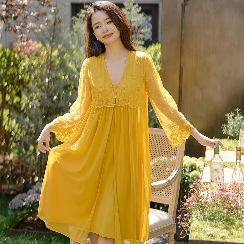 Women's Retro Princess Lace Camisole Dress with Built-in Bra - Spring/Summer Nylon Mesh Pajamas