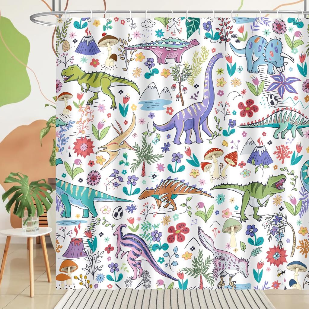 Funny Dinosaur Shower Curtain for Kids Boys,Cartoon Cool Dino Aesthetics Shower Curtain for Bathroom Polyester Fabric with Hooks