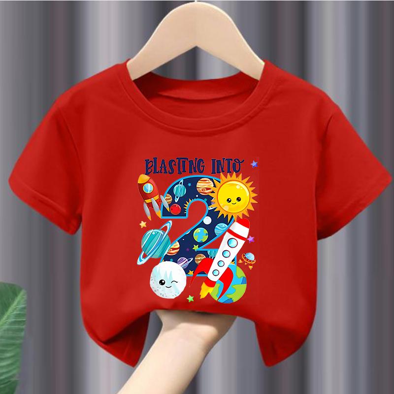 New Boys and Girls Clothing Outer Space Rocket Planet Printed Childrens Tshirt Birthday Round Neck Summer polyester fabric