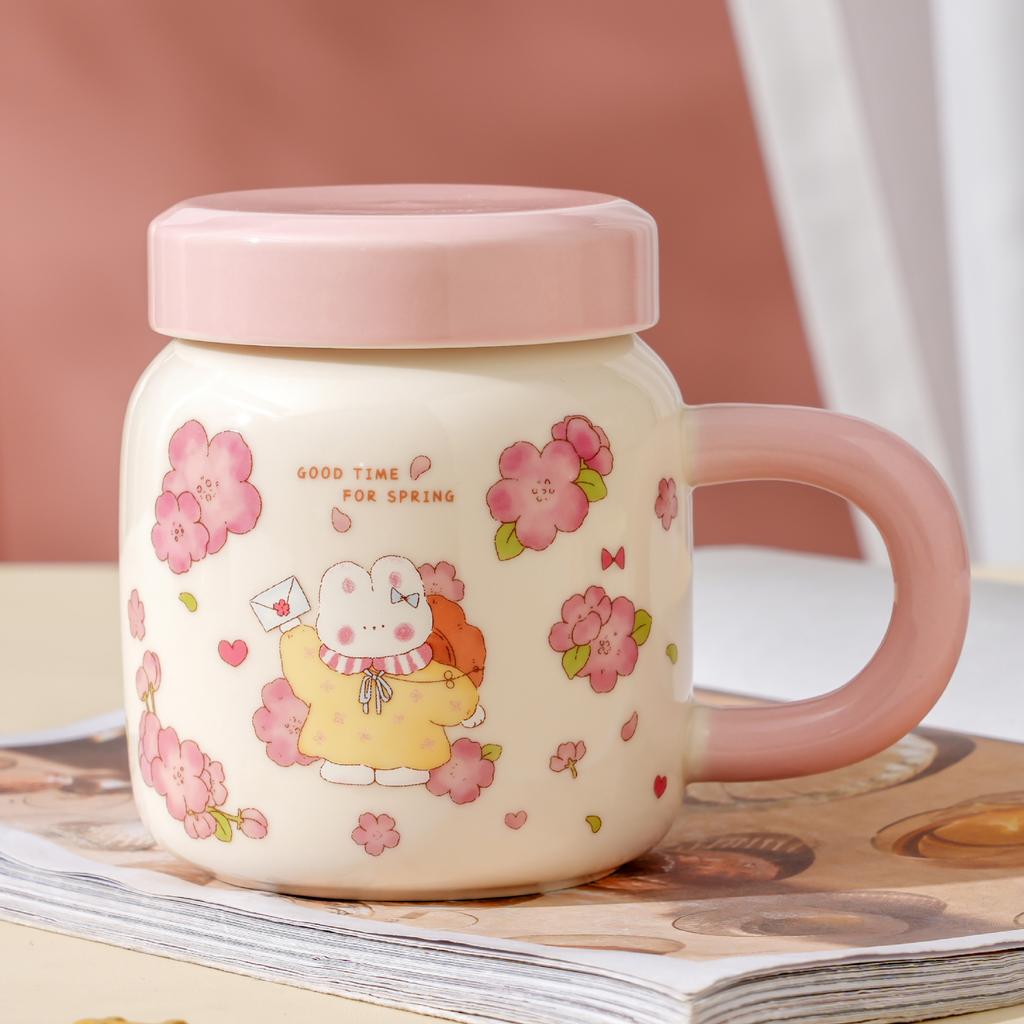 Cherry Blossom Rabbit Ceramic Cup with Lid Little Girl High Value Large Capacity Set Household Mug Ins Wind Cup