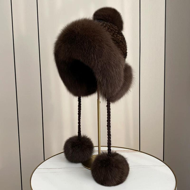 New Winter Warm Mink Hair Woven Fox Hair Ear Protection Fur Hat Female Cute Real Hair Ball Snow Hat