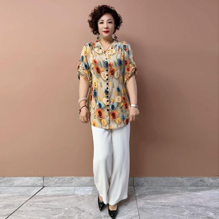 Summer Women's Floral Silk Shirt  Loose V-neck Plus-size Blouse
