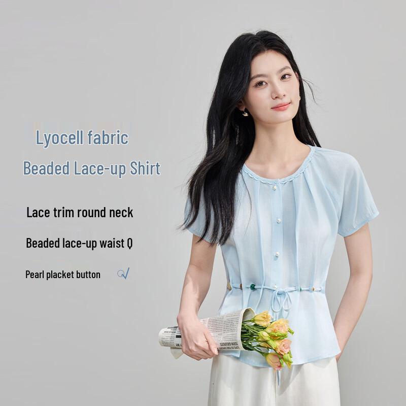 FivePlus Lyocell Lace Trim Puff Sleeve Blouse M