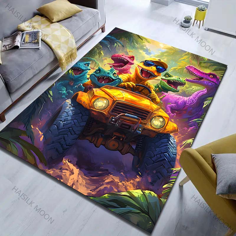 Dinosaurier Fahren mit Sonnenbrille Print Teppich für Schlafzimmer Wohnzimmer Bettseite Sofa Bodenmatte Moderne Heimdekoration Spielbereich Teppich