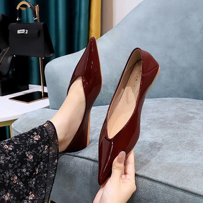 Mode Damen 1cm Niedrige Absätze Arbeit flache Schuhe Damen Lackleder Spitze Niedrige Absätze Dame Prägnant Büro Täglich zum Hineinschlüpfen Flache Schuhe