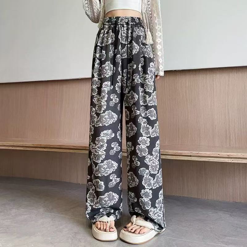 Women High Waist Vintage Floral Print Wide Leg Pants Loose Drape Straight No Pockets Casual Trousers For Summer Lazy Daily Commute Wear