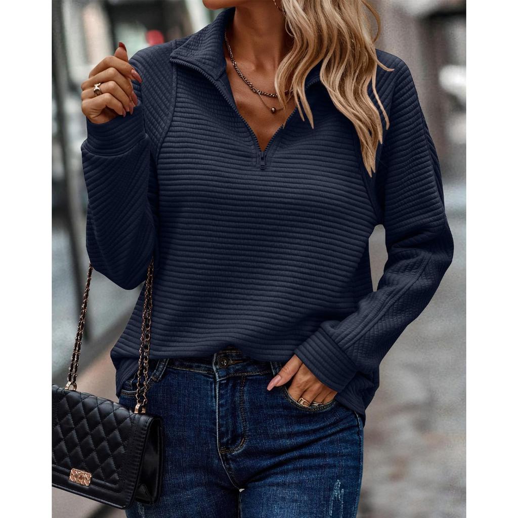 Dames sweatshirt met opstaande kraag, halve rits, lange mouwen, losse pasvorm, casual, ribgebreide pullover