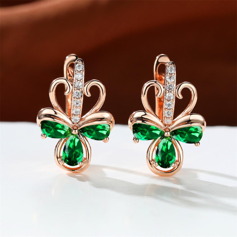 Charm Female Green Zircon Stone Flower Clip Earrings Vintage Gold Color Wedding Jewelry For Women