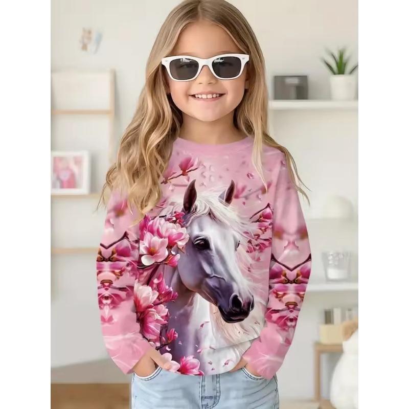 Girl Clothes Fashion Horse 3D Print Kids Long Sleeves T-Shirt Loose Casual Autumn Tops Outdoor Comfortable Children's Clothing