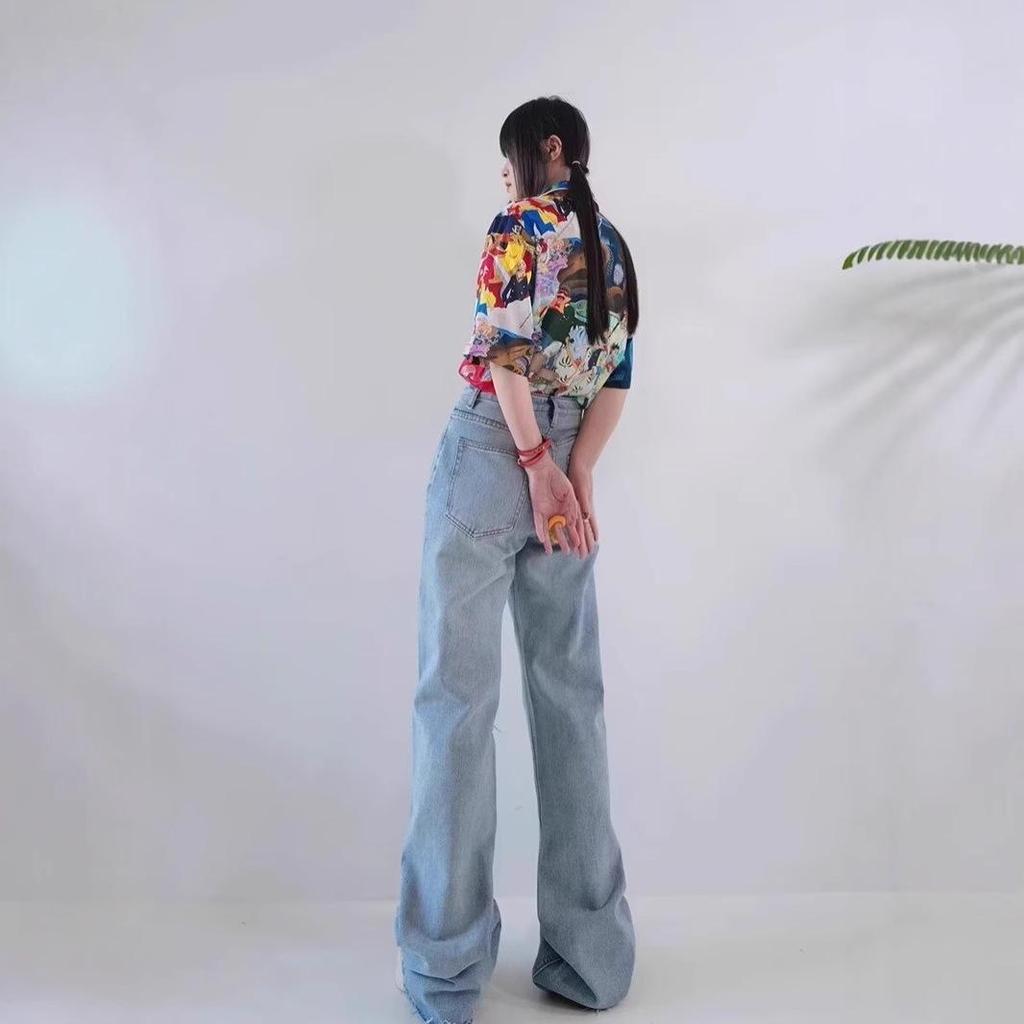 Women's High Waist Ripped Straight-Leg Jeans - Light Blue, Spring/Autumn 2024, Floor-Length, Slimming Fit