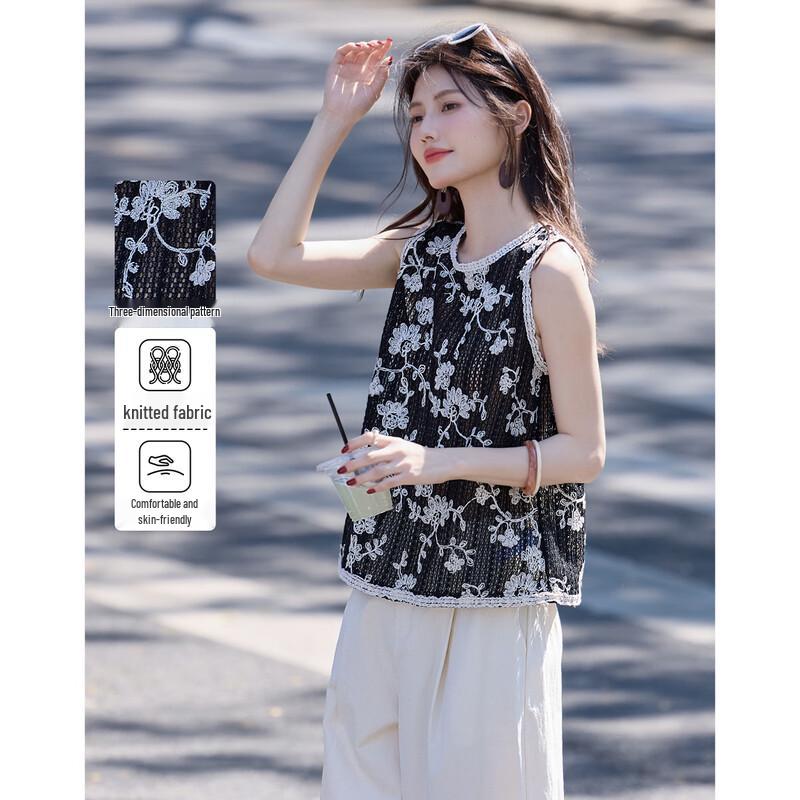Women s Embroidered Round Neck Sleeveless Knit Vest L