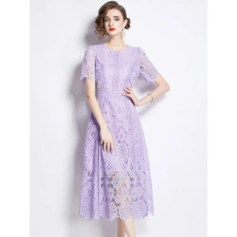 Abito da Donna Estivo Elegante Slim con Scollo a O, Manica Corta, Pizzo Intrecciato, Vintage di Alta Gamma, Abbigliamento