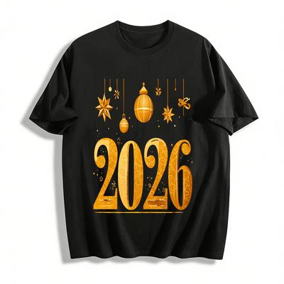 2026 New Year Themed Gold Print Casual Loose Fit Top Pure Cotton T-shirt
