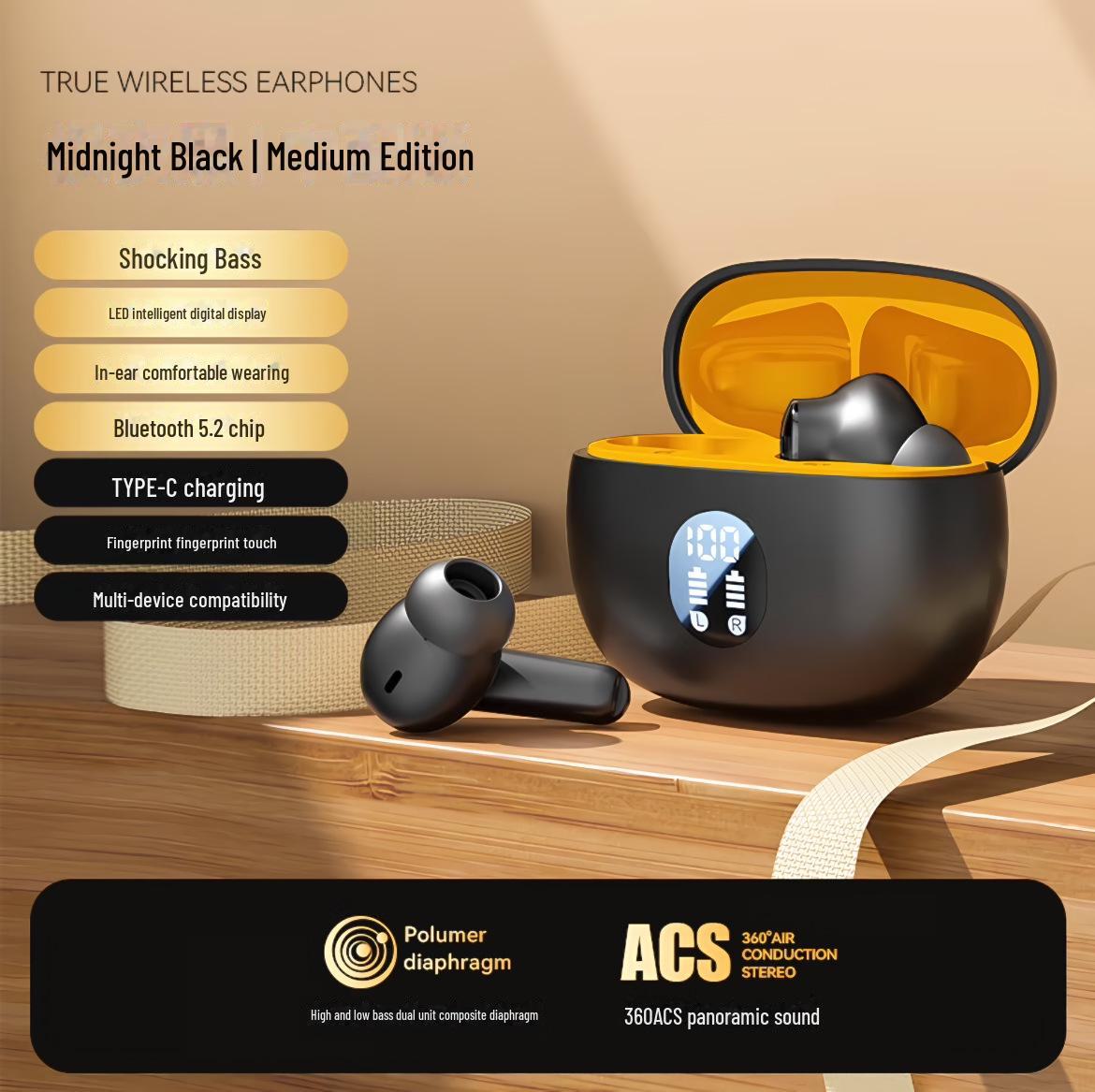 

Беспроводные наушники S510 Airdots 4 895B с шумоподавлением внутри ушей, TWS Bluetooth и цифровым дисплеем чёрный