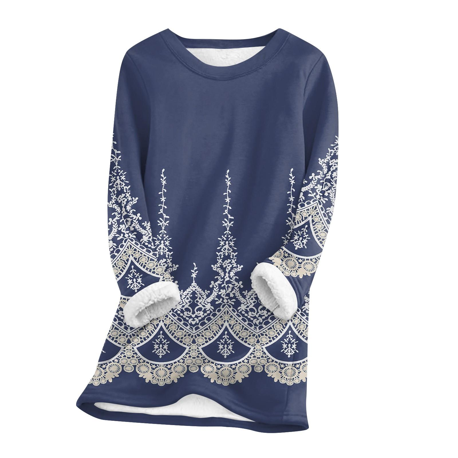 

Women s Round Neck Top Printing Thickened Plush Cashmere Warm Long Top S Темно-синій