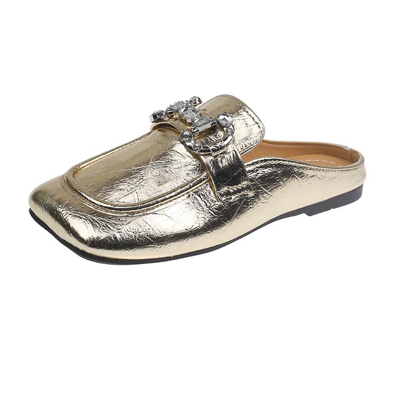 Slippers Women's Fashion Square Head Shallow Mouth Crystal Metal Buckle Soft Sole Anti-slip Wear-resistant Flat Shoes