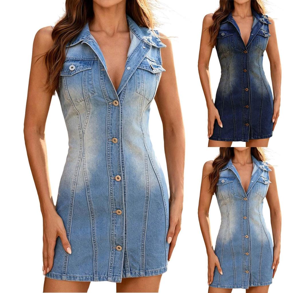 Abito di Jeans Senza Maniche con Bottoni Davanti Slim Fit Casual Mini Abito con Collo e Tasche sul Petto per Donna