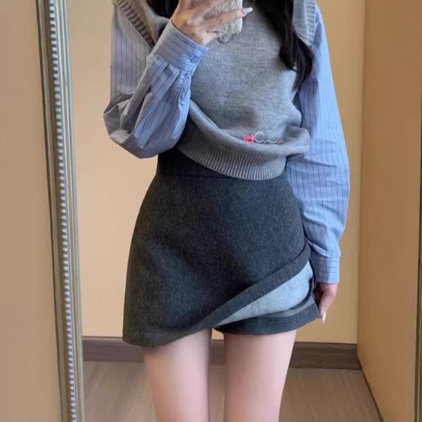 Girls' High-Waist Woolen A-Line Skirt - Casual Slimming Hip-Hugging Short Skirt for Autumn/Winter