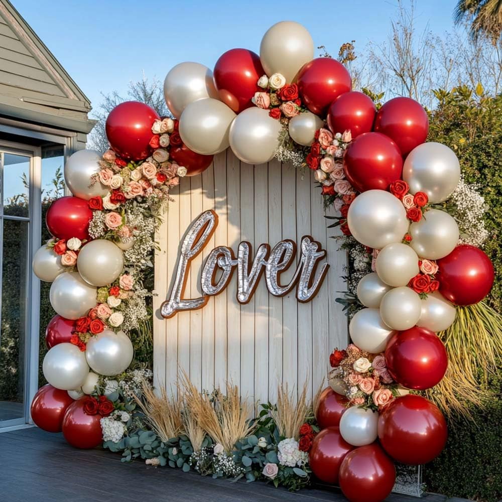 Red White Balloon Garland Dark Red Double Stuffed Balloons Arch Kit Set For Birthday Mothers Day Valentine Engagement Anniversary Bridal Shower Party