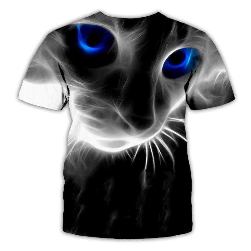 3D Digital Cat Art Printed Round Neck Short Sleeved Casual T-shirt for Teenagers with Stripes Shirt