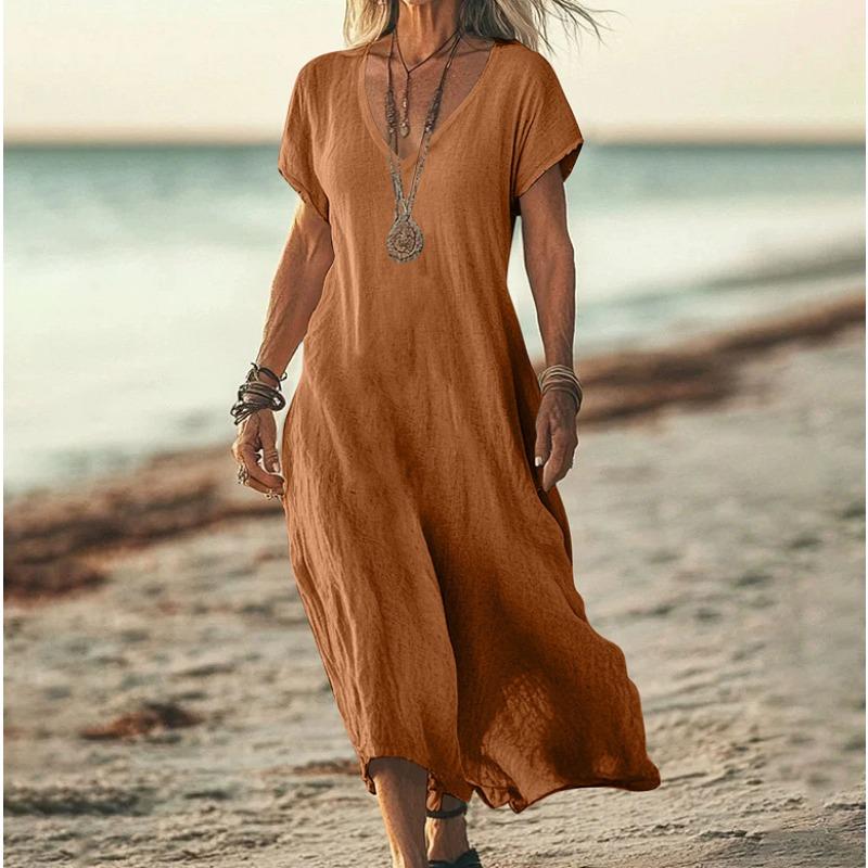 YYFS Women's Fashion Summer Spring Solid Color Print Short Sleeve V-Neck Loose Waistlinet Casual Dresses