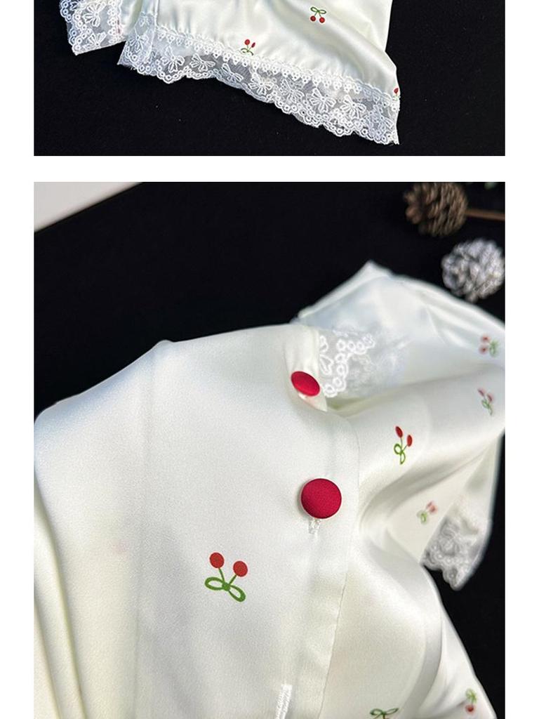 Women's Ice Silk Cherry Print Pajama Set - Elegant Summer Three-Piece Lounge Wear