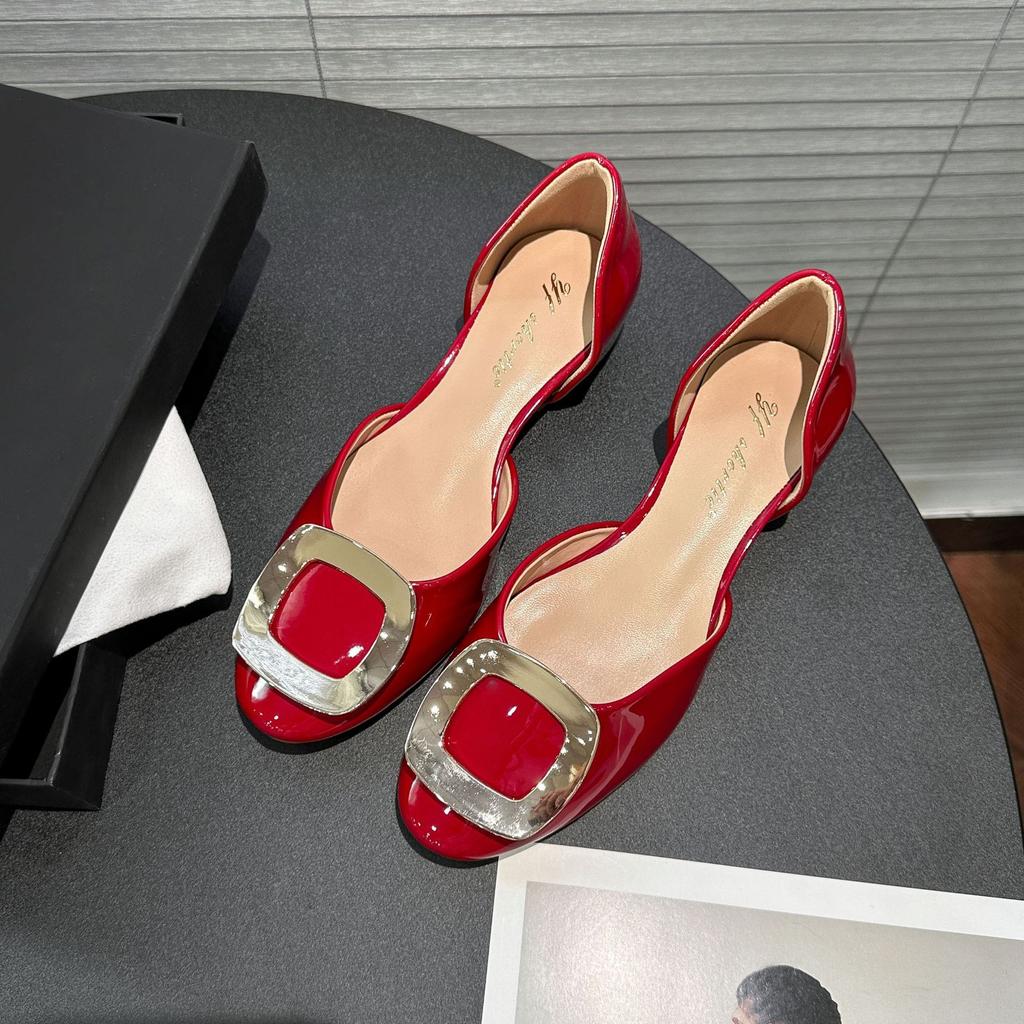 Liten man ökar längden med 4 cm, metallfyrkantsspänne ihåliga sandaler dam 2025 nya franska enpedals rundhuvudda enkelsskor