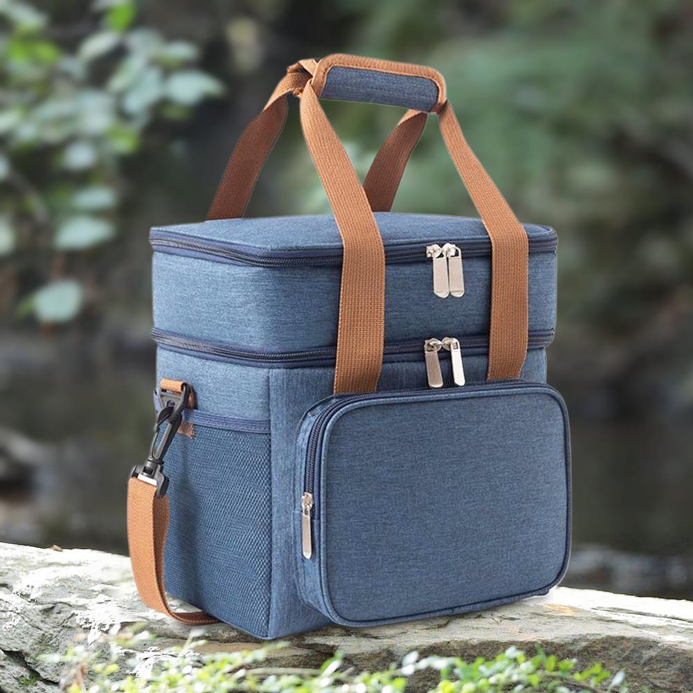 13L Expandable Food Bag with Side Pockets Portable Insulation Handbag Dual Compartments Insulated Lunch Bag for Camping Picnic