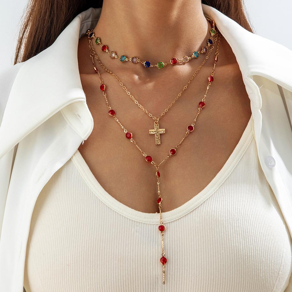 Élégant collier perle imitation femme, croix strass colorés multicouche avec collier en forme de Y