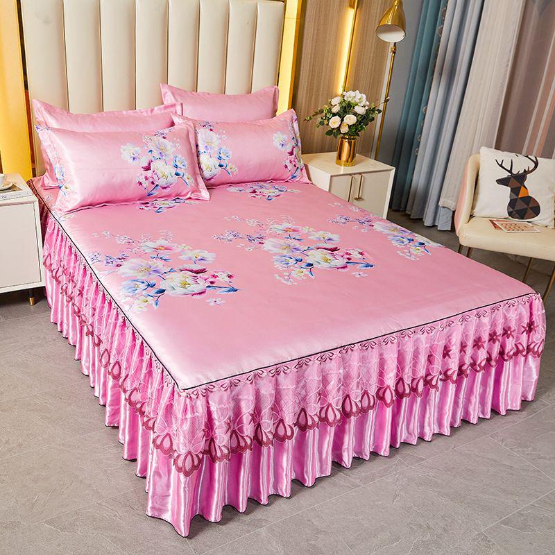 Ice Silk Lace Bed Skirt & Cool Mat Set - Breathable Rattan Design