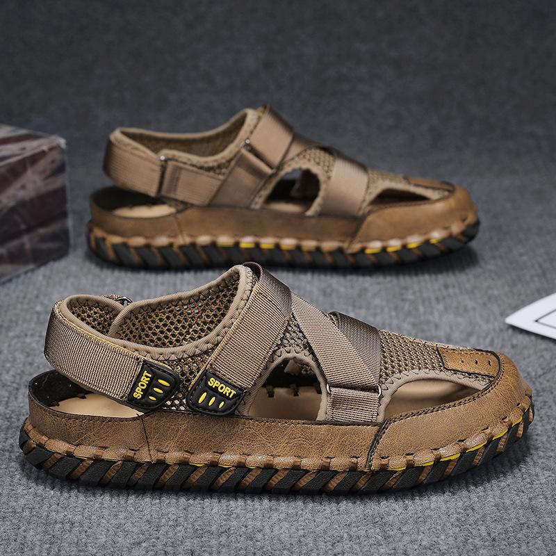 

Summer large size men s outer wear hand-sewn bag head sandals outer explosion casual breathable mesh beach shoes men 46 коричневий
