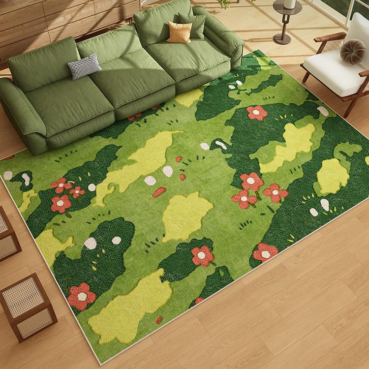 Retro Green Non-slip Waterproof Floor Mat - Vintage Style, Washable, Ideal for Living Room, Bedroom, Sofa, or Under Coffee Table.