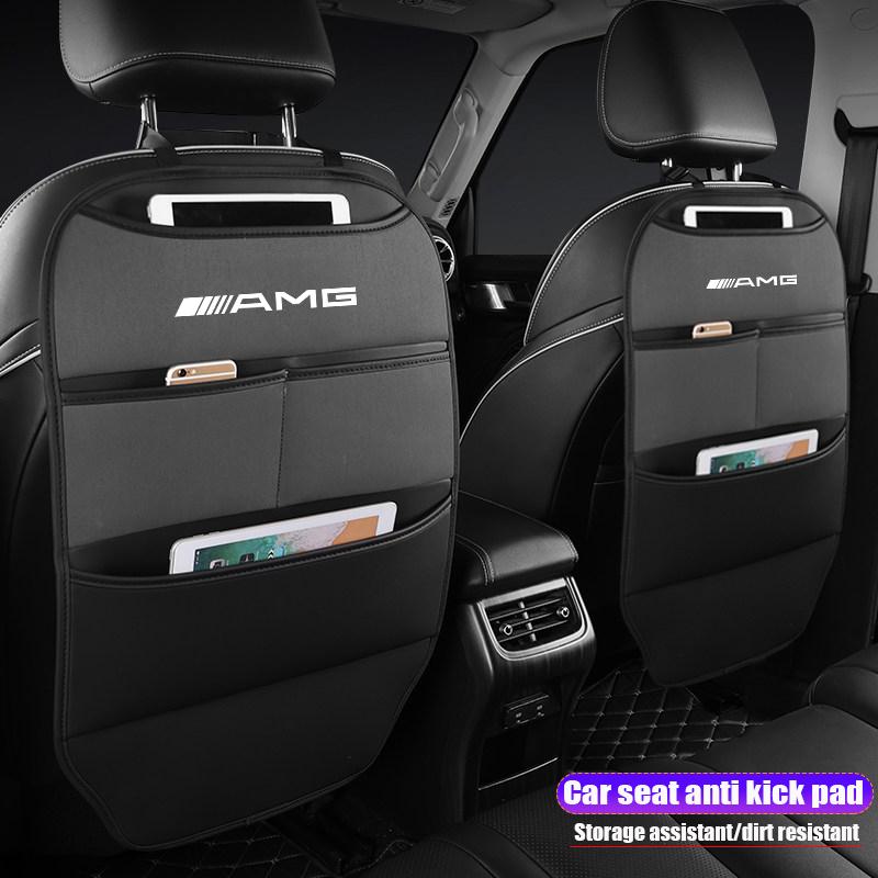 Car Seat Back Protector Anti-Kick Mats PU Leather Anti Dirty Pad With Storage Auto Accessories For Mercedes Benz AMG A B C E G