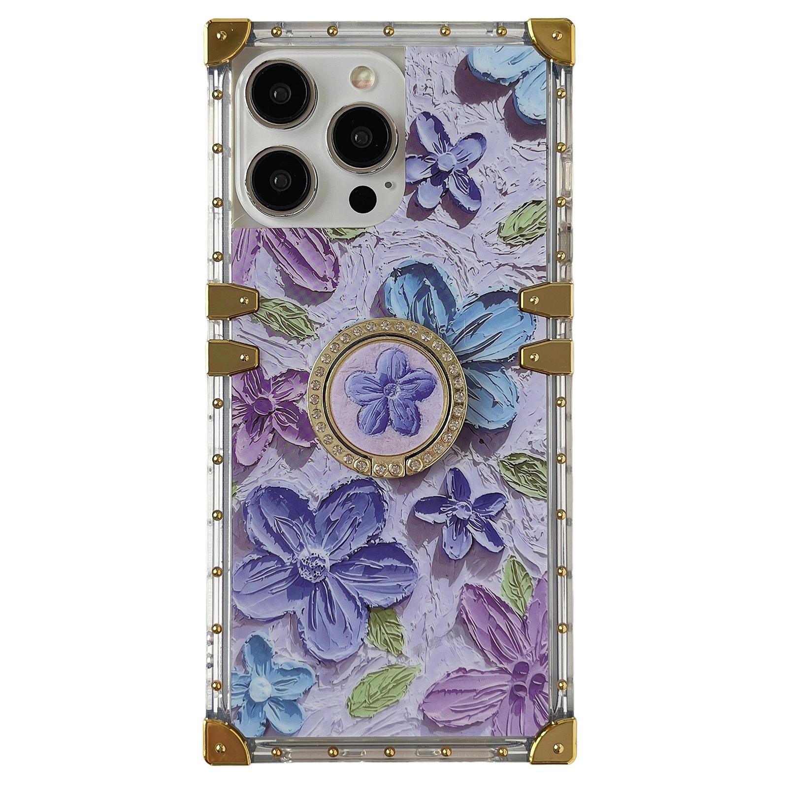 

For iPhone 14 Pro Max Case Ring Kickstand Flower Butterfly Pattern TPU+PC Phone Cover Purple