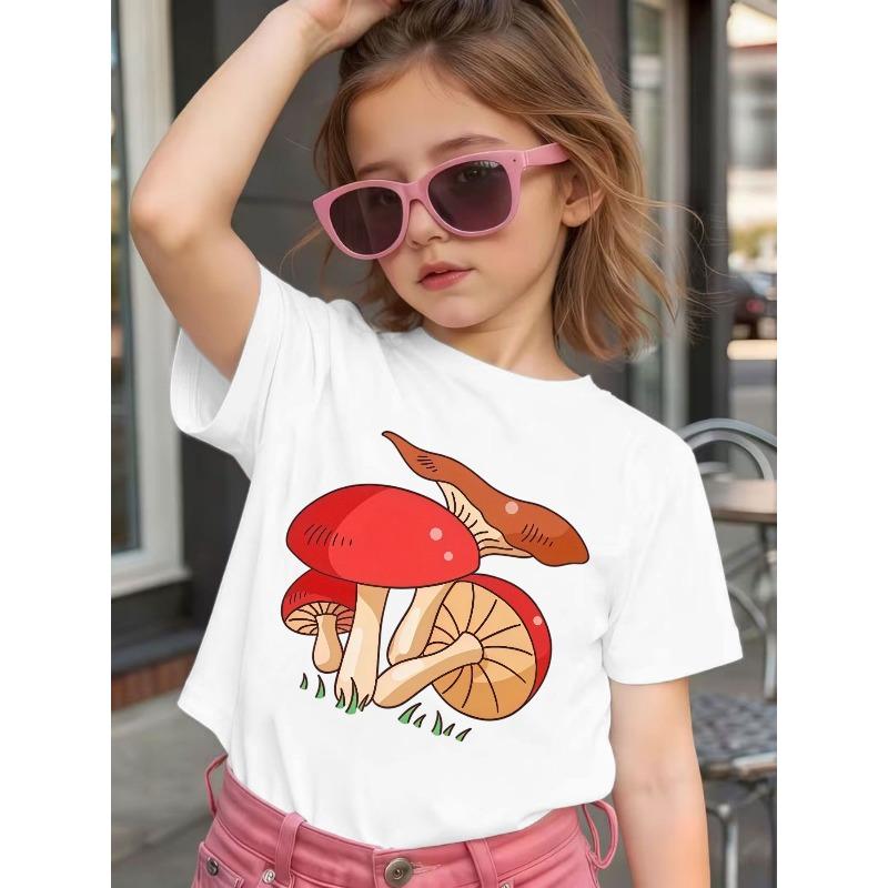 Girls Crewneck Summer T-Shirt, Cute Cartoon Mushroom With Red Hat Polka Dot Print 110
