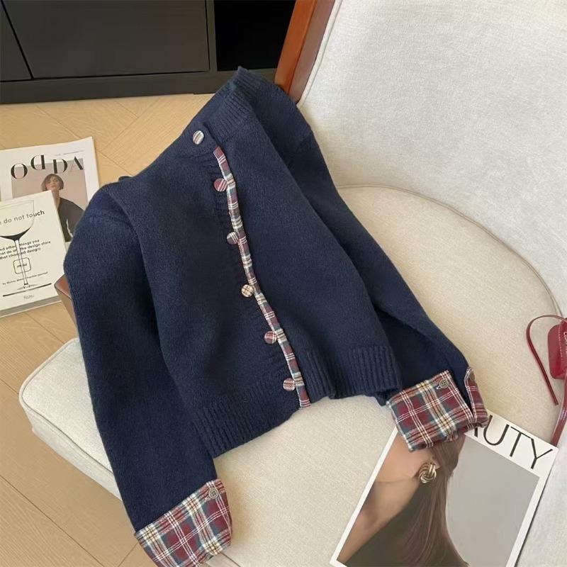 Contrasting color plaid splicing design sense long-sleeved knitted cardigan spring and autumn round neck fake two-piece sweater jacket top women