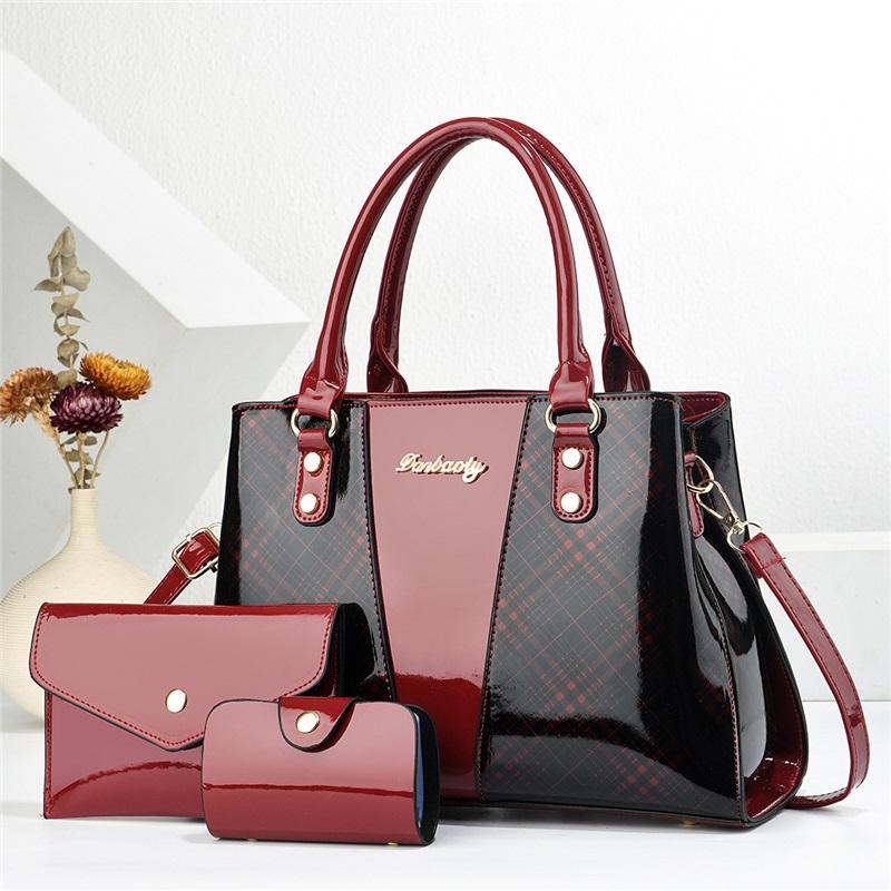 New Fashion Glossy Patent Leather Women Tote Bag 3 Pieces Set Versatile Single Shoulder Crossbody Daily Handbag