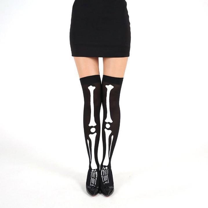 Skull Print Thigh-High Halloween Stockings – Polyester Over-the-Knee Socks