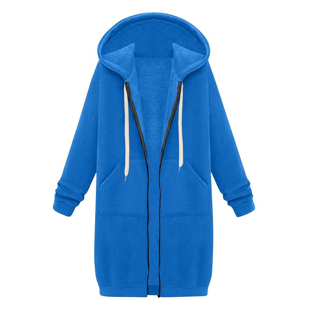 Women Casual Zip Up Hoodie Long Tunic Sweatshirt Winter Windproof Drawstring Hooded Jacket Outerwear Pockets