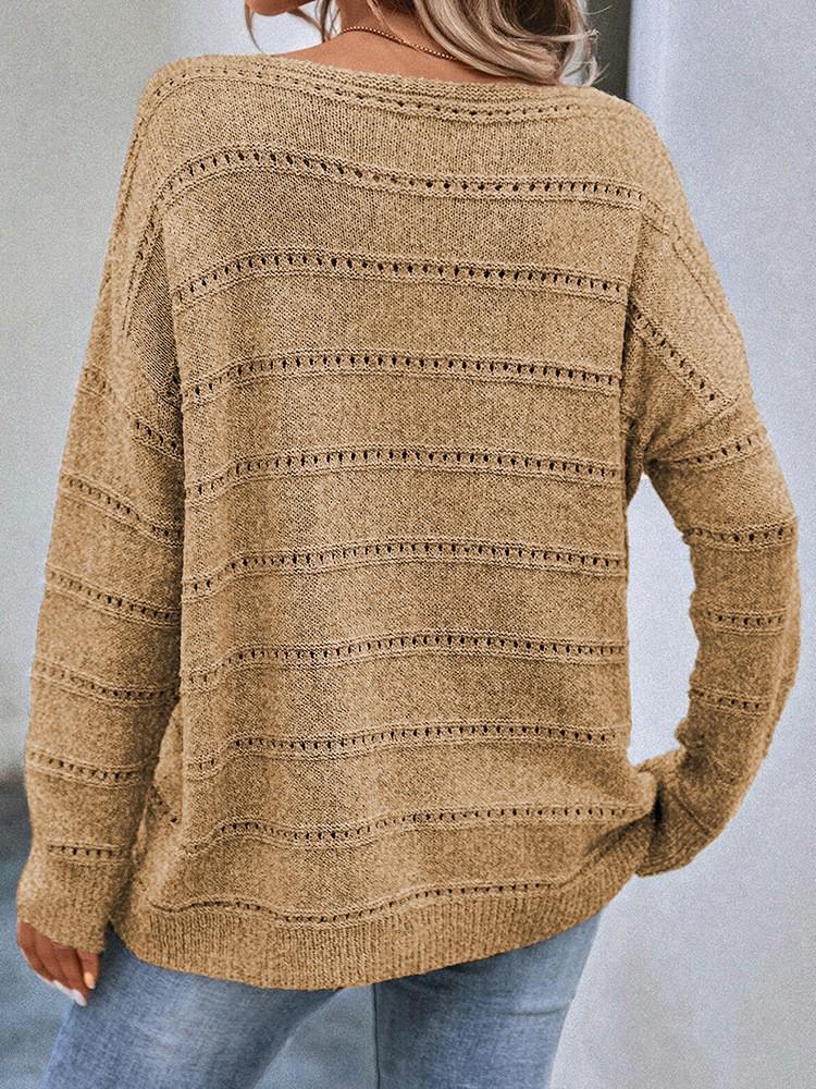 Autumn/Winter 2025 Women's Solid Color Hollow Out Drop Shoulder Sweater - Casual Loose Pullover Knitwear