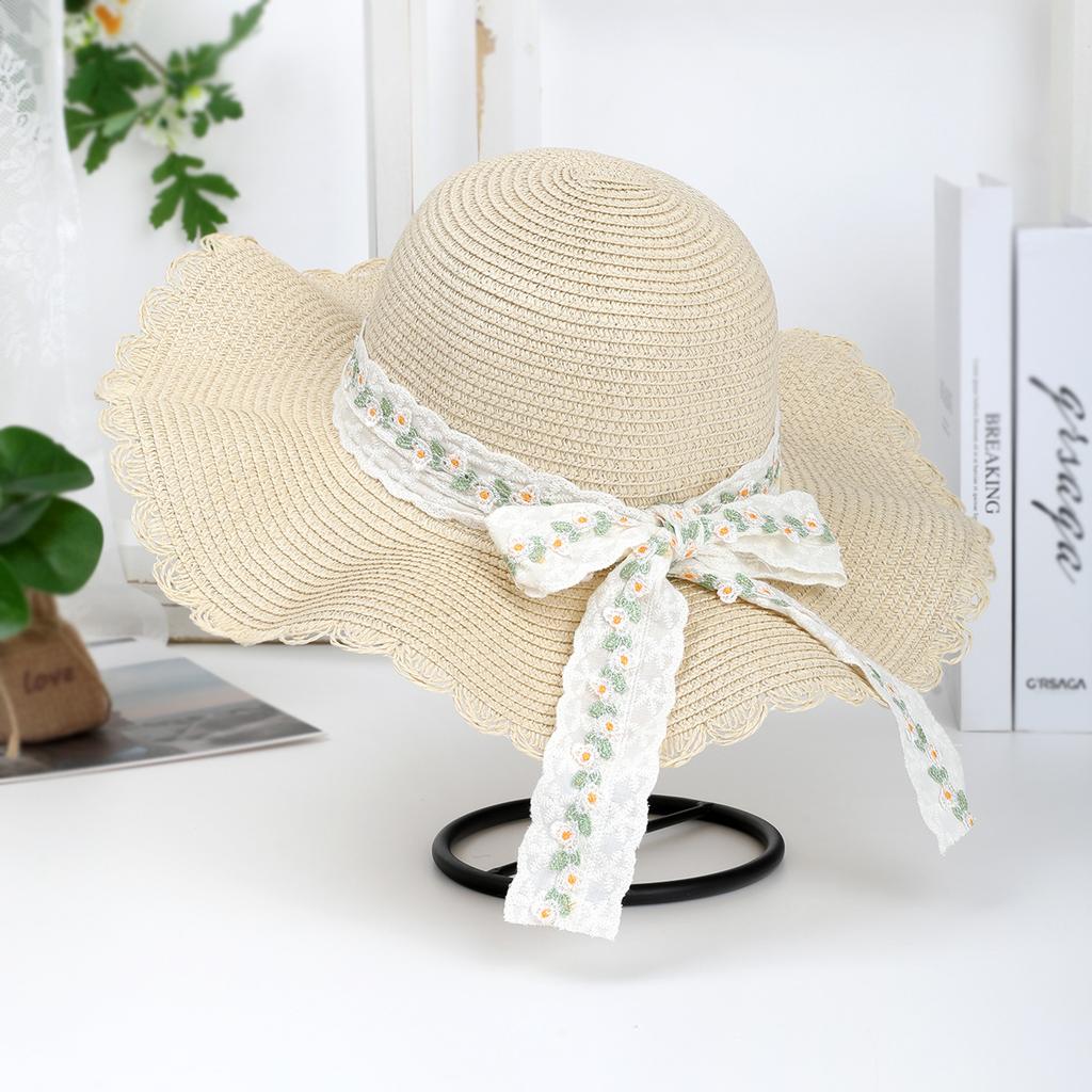 New lace bow sun hat women's spring and summer vacation wavy edge straw hat breathable sun hat