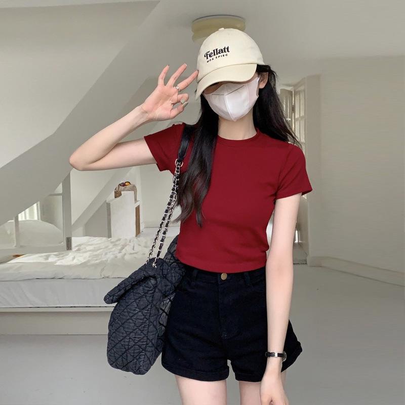 Women's Slim-Fit Pure Cotton U-Neck T-Shirt - Short Sleeve, Versatile Summer Outerwear